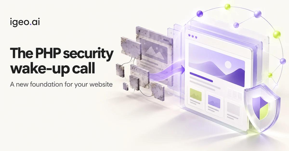 The PHP security wake-up call: fragmented website layers transition into a modern page with a shield and connected AI discovery nodes