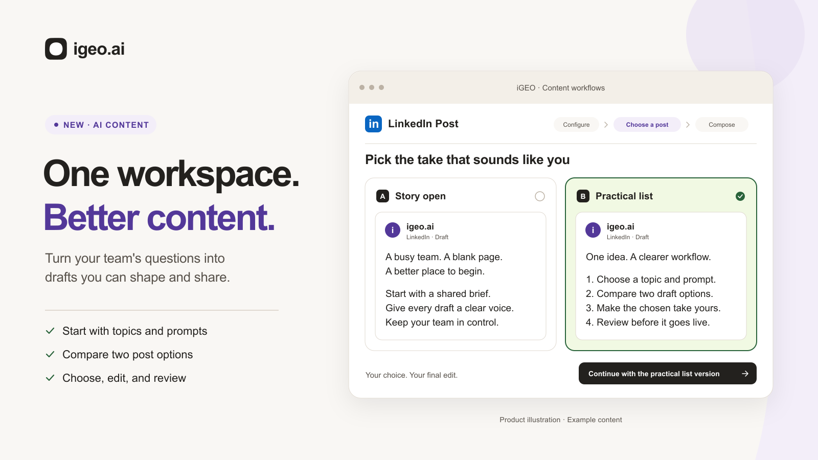 Illustration of igeo.ai AI content showing a LinkedIn workflow, two draft approaches, and a selected post ready to compose