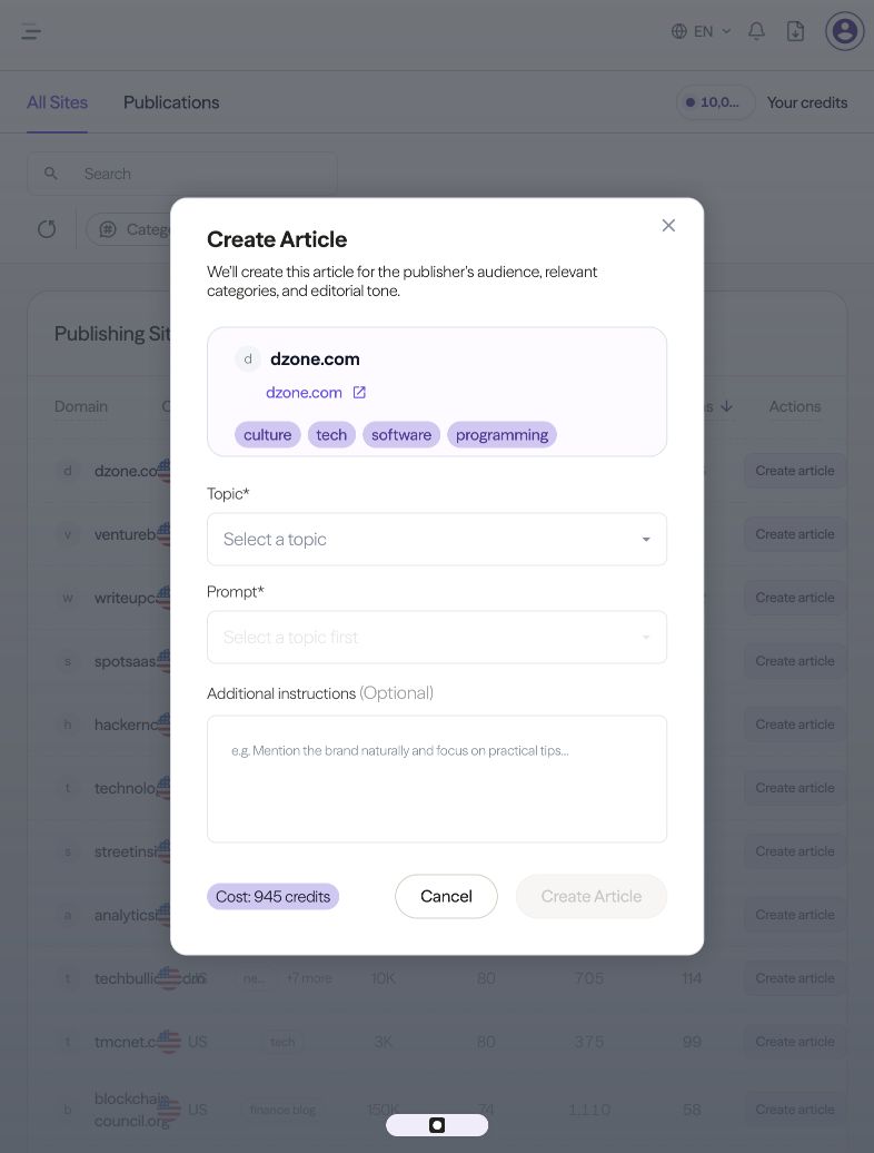 Actual igeo.ai Marketplace Create Article dialog showing the publisher, Topic, Prompt, Additional instructions, and credit cost